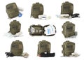Collage with military first aid kit on white background Royalty Free Stock Photo