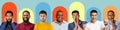 Collage of millennial and senior multicultural people on colorful backgrounds express different emotions