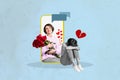 Collage of mini desperate black white effect girl broken hear smart phone display happy memories hold flowers think