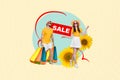 Collage minimal picture of funny smiling couple walking shopping holding bags isolated creative beige color background Royalty Free Stock Photo