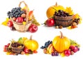 Collage set autumnal fruit in basket isolated on white