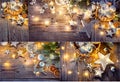 Collage set Christmas decoration in vintage style at old wooden Royalty Free Stock Photo
