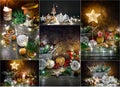 Collage set Christmas holiday decoration with fir balls Royalty Free Stock Photo