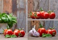 Collage mix set of Fresh tomatoes with leaf basil at old