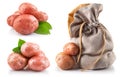 Collage set potatoes with green leaf isolated on white Royalty Free Stock Photo