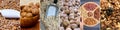 Collage of mixed nuts background. Various nut banner.