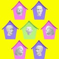 Collage of modern art. The plaster heads of the sculptures are in the houses on a yellow background. Concept social distance,