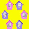 Collage of modern art. The plaster heads of the sculptures are in the houses on a yellow background. Concept social distance,