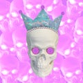 Collage of modern art. Sculpture of a skull with a crown on the background of a large number of skulls. Corona virus concept.