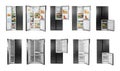 Collage of modern refrigerators on background Royalty Free Stock Photo
