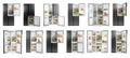Collage of modern refrigerators on background Royalty Free Stock Photo