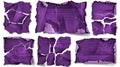 A collage modern set of torn newspaper paper pieces cut for collage format. An oblong purple note frame with a ripped Royalty Free Stock Photo