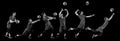 Collage in monochrome filter. Progression of basketball player shooting ball, depicted in multiple exposure against