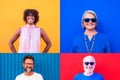 Collage and montage of group of four people smiling and having fun wiht colored backgrounds - adults and seniors of all ages and