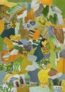 : Collage mood board in organic green yellow colors with plants and flowers in retro style made of teared recycling old paper resu