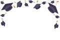 Collage with mortar boards and word GRADUATION on white background