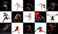 Collage, mosaic of dynamic portraits of diverse group of athletes in action against white and black studio background Royalty Free Stock Photo