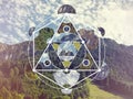 Collage with the mountains and forest and the sacred geometry symbol Royalty Free Stock Photo