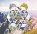 Collage with the mountains and the symbol flower of life Royalty Free Stock Photo