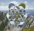 Collage with the mountains and the symbol flower of life Royalty Free Stock Photo