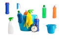 Collage of multi-colored bottles of cleaning products on a white background and a black alarm clock Royalty Free Stock Photo