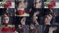 Collage multi-shot, portrait of a girl dark-haired girl under a heavy pouring rain, close-up eyes of a girl, a red rose