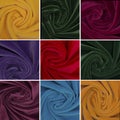 Collage of multicolored fabrics. Multi-colored textile set. Fabric background, collage of 9 photos, yellow,red, blue, green colors Royalty Free Stock Photo