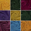 Collage of multicolored fabrics. Multi-colored textile set. Fabric background, collage of 9 photos, yellow,red, blue, green colors Royalty Free Stock Photo