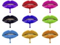 Collage of multicolored lip glosses dripping from woman's lips over white background Royalty Free Stock Photo