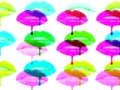 Collage of multicolored lip glosses dripping from woman`s lips over white background Royalty Free Stock Photo