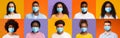 Collage of multiethnic people in face masks over colorful backgrounds