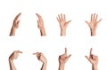 Collage with multitude of male hands showing variety of sign language gestures, isolated on white