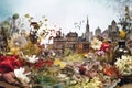 a collage of natural and manmade elements, such as flowers and cityscapes
