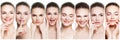 Collage of negative and positive female face expressions. Set of young woman expressing different emotions and gesturing isolated Royalty Free Stock Photo