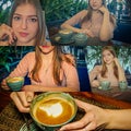 Collage Nice lady sitting in cafeteria with some milk coffee served in front on her with sugar bowl aside. She is looking at Royalty Free Stock Photo