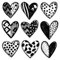 Collage of nine creatively patterned black and white hearts Royalty Free Stock Photo