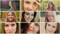 A collage of nine young beautiful girls of Russian Slavic appearance.