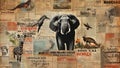 collage of old newspapers depicting different animals and a large elephant in the center Royalty Free Stock Photo