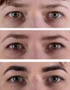 Collage with open female green eyes with different makeup of eyebrows and eyelashes Royalty Free Stock Photo