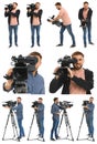 Collage of operator with professional video camera on background