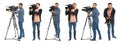 Collage of operator with video camera on white background. Banner design