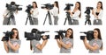 Collage of operator with video camera on white background. Banner design