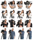 Collage of operators with professional video cameras on background Royalty Free Stock Photo