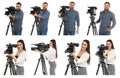 Collage of operators with video cameras on white background. Banner design Royalty Free Stock Photo