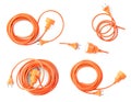 Collage with orange extension cord on white background, top view. Different sides Royalty Free Stock Photo