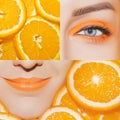 Collage with oranges and womans body parts close up. Bright orange make up Royalty Free Stock Photo