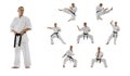 Collage of oung sportive man in white kimono practising, training martial arts, karate isolated over white background Royalty Free Stock Photo