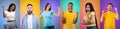 Collage of overjoyed multiracial people men and women celebrating success, clenching fists on colorful backgrounds Royalty Free Stock Photo