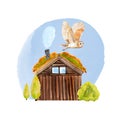 Collage of an owl over a wooden house, smoke, pipes, tree watercolor illustration