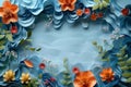 A collage of paper cutouts featuring flowers and leaves on a blue background